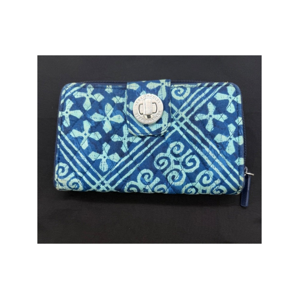 Vera Bradley Blue Teal Geometric Quilted Cotton Turnlock Zip Around RFID Wallet